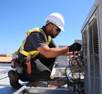 Technician installing a rooftop unit