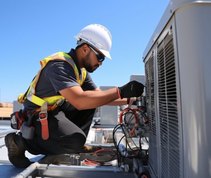 Technician installing a rooftop unit