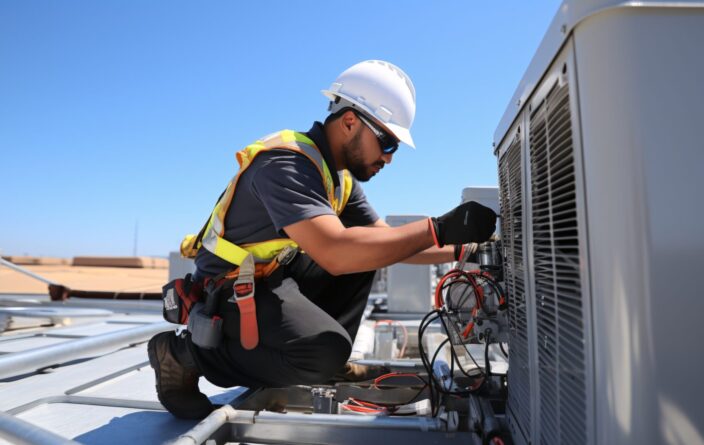 Technician installing a rooftop unit