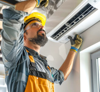 Technician installing a unit inside