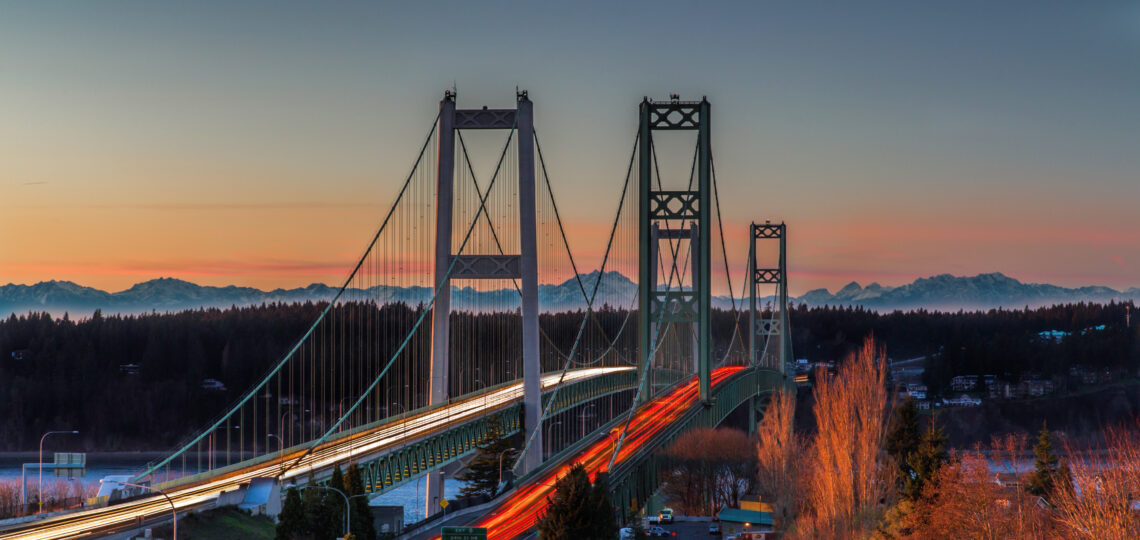 Tacoma Narrows bridge at sunset