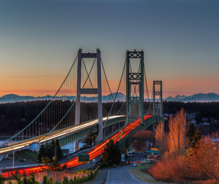Tacoma Narrows bridge at sunset